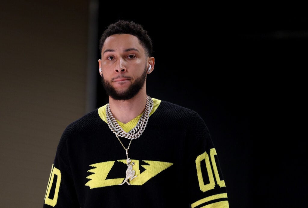 Ben Simmons #10 of the Brooklyn Nets walks in the visitor entrance before the game against the Philadelphia 76ers at Wells Fargo Center.