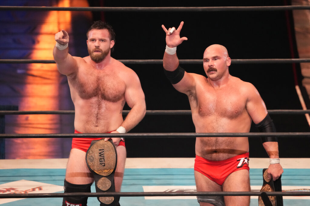 Cash Wheeler and Dax Harwood celebrate their victory during the New Japan Pro-Wrestling at Edion Arena Osaka