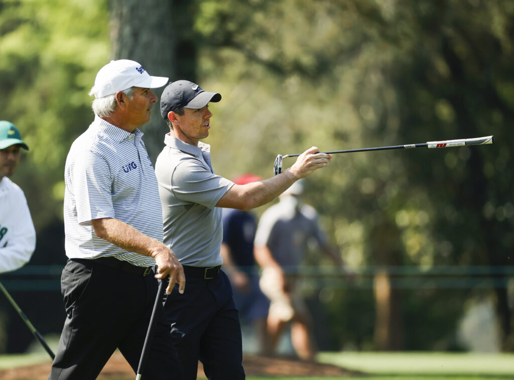 Fred Couples and Rory McIlroy during a practice round ahead of the Masters at Augusta National in 2021