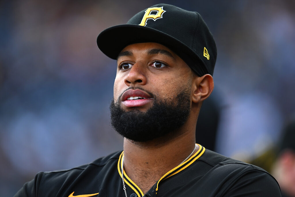 Canaan Smith-Njigba #28 of the Pittsburgh Pirates looks on during the game against the Chicago White Sox at PNC Park.