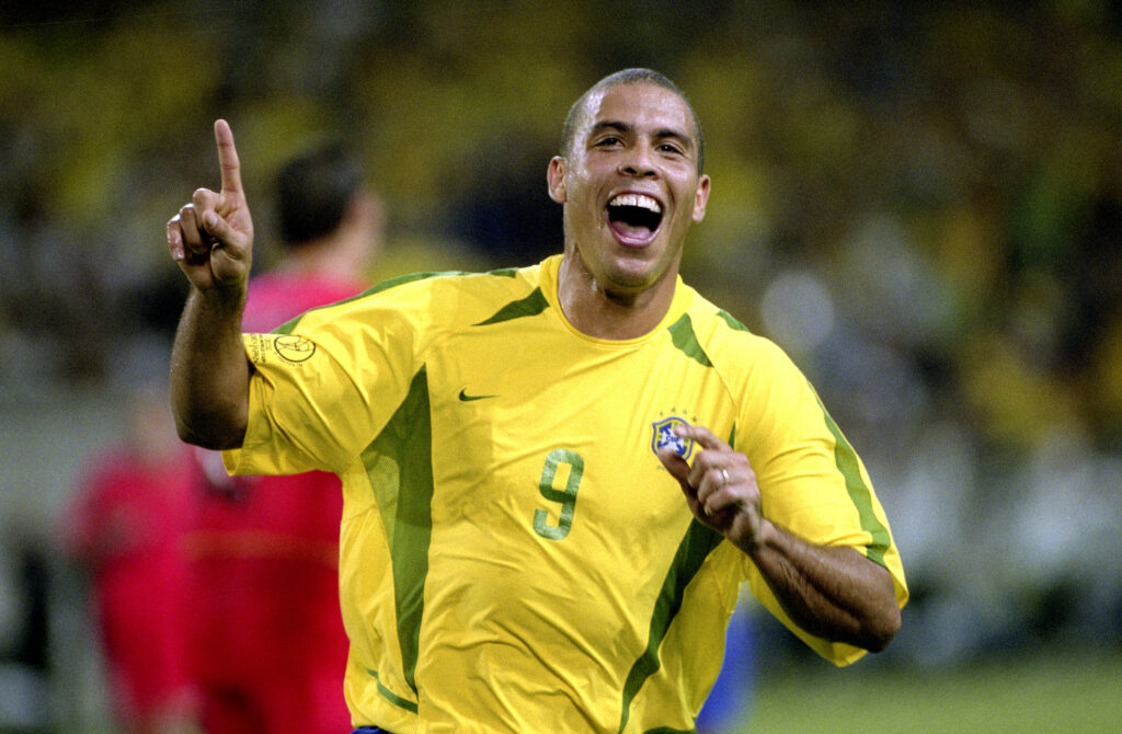 Ronaldo celebrates after scoring the second goal for Brazil in 2002 FIFA World Cup.