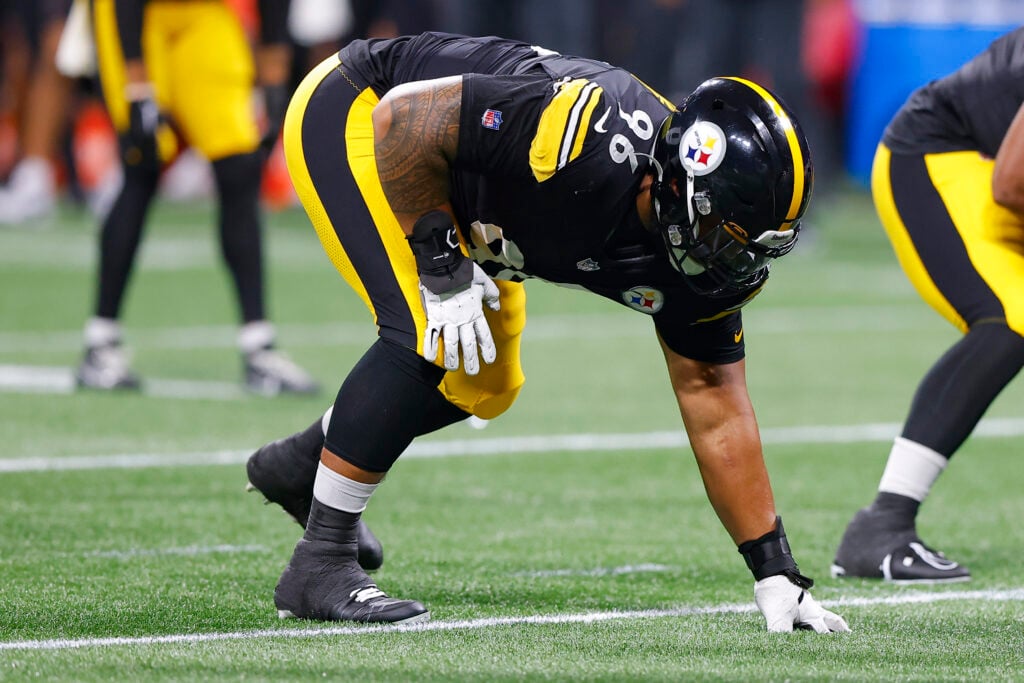Breiden Fehoko #96 of the Pittsburgh Steelers lines up during the second half of a preseason game against the Atlanta Falcons at Mercedes-Benz Stadium.