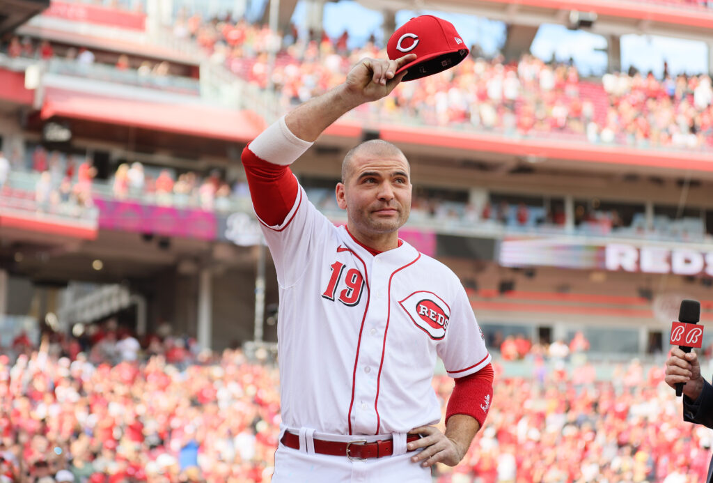 Joey Votto #19 of the Cincinnati Reds acknowledges the crowd after the 4-2 win against the Pittsburgh Pirates at Great American Ball Park.
