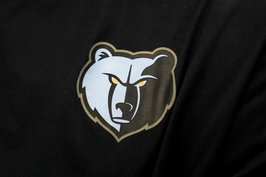 The Memphis Grizzlies logo is pictured against the Detroit Pistons at Little Caesars Arena.