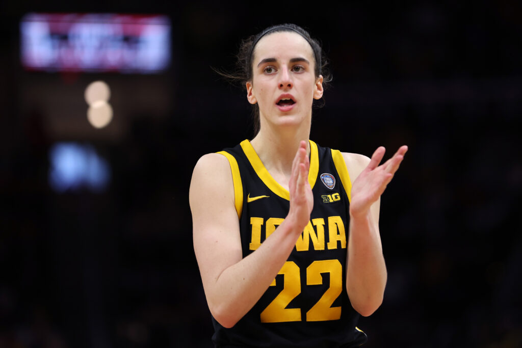 Caitlin Clark #22 of the Iowa Hawkeyes reacts in the second half during the 2024 NCAA Women's Basketball Tournament National Championship game against the South Carolina Gamecocks at Rocket Mortgage FieldHouse.