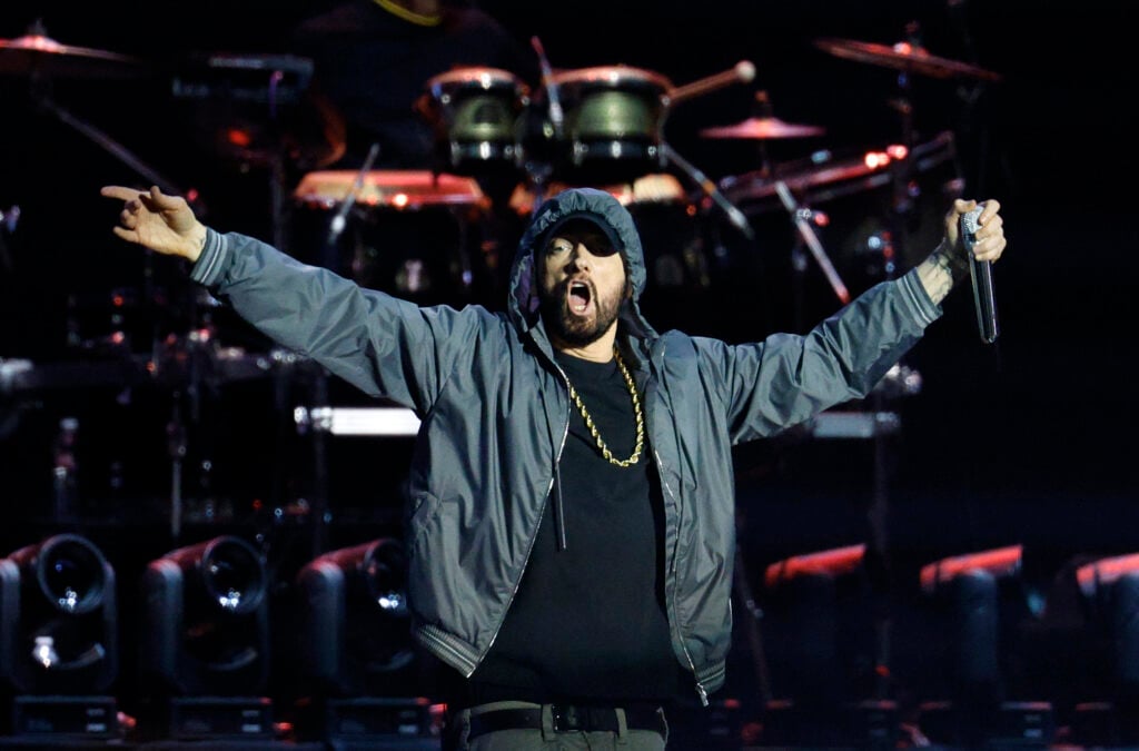 Eminem performs before the WBA junior middleweight title bout between Terence Crawford and Israel Madrimov at BMO Stadium.
