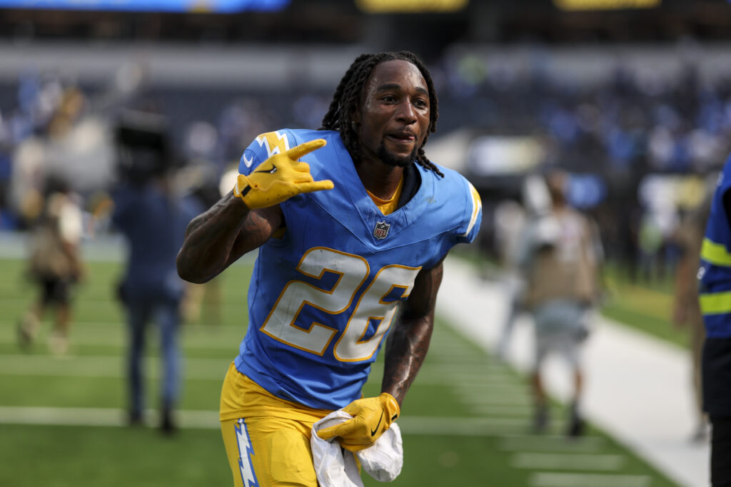 Asante Samuel Jr. #26 of the Los Angeles Chargers reacts following an NFL football game between the Los Angeles Chargers and the Las Vegas Raiders at SoFi Stadium.
