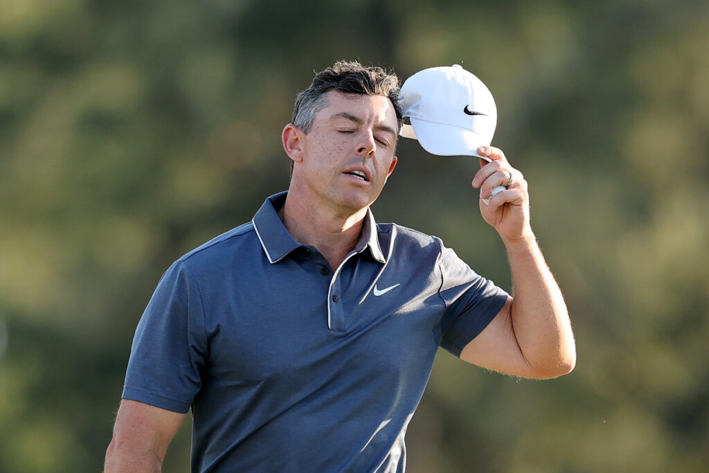 Rory McIlroy of Northern Ireland reacts to missing a putt for par on the 18th hole during the final round of the 2025 Masters Tournament at Augusta National