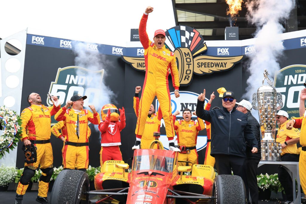 Alex Palou, driver of the #10 DHL Chip Ganassi Racing Honda, celebrates in Victory Circle after winning the NTT IndyCar Series109th Running Of The Indianapolis 500 at Indianapolis Motor Speedway on May 25, 2025 in Indianapolis, Indiana.