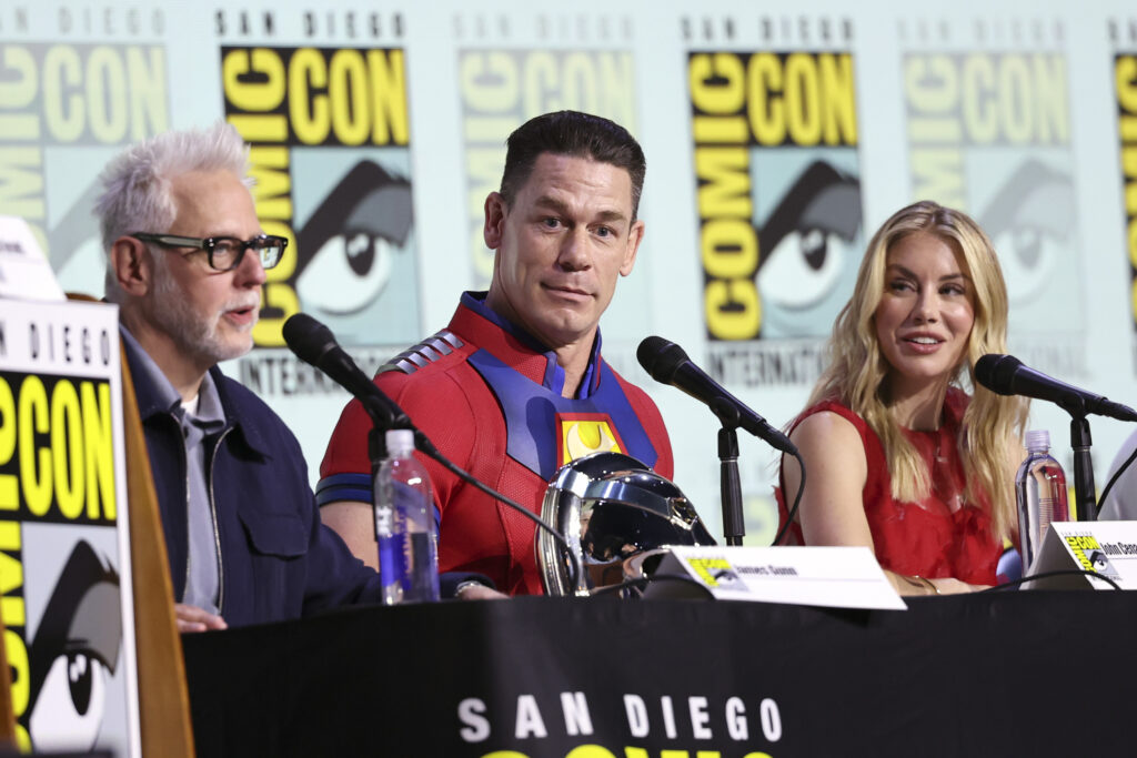 James Gunn, John Cena, and Jennifer Holland speak onstage at HBO Max "Peacemaker" Sneak Peek and Panel during 2025 Comic-Con International: San Diego