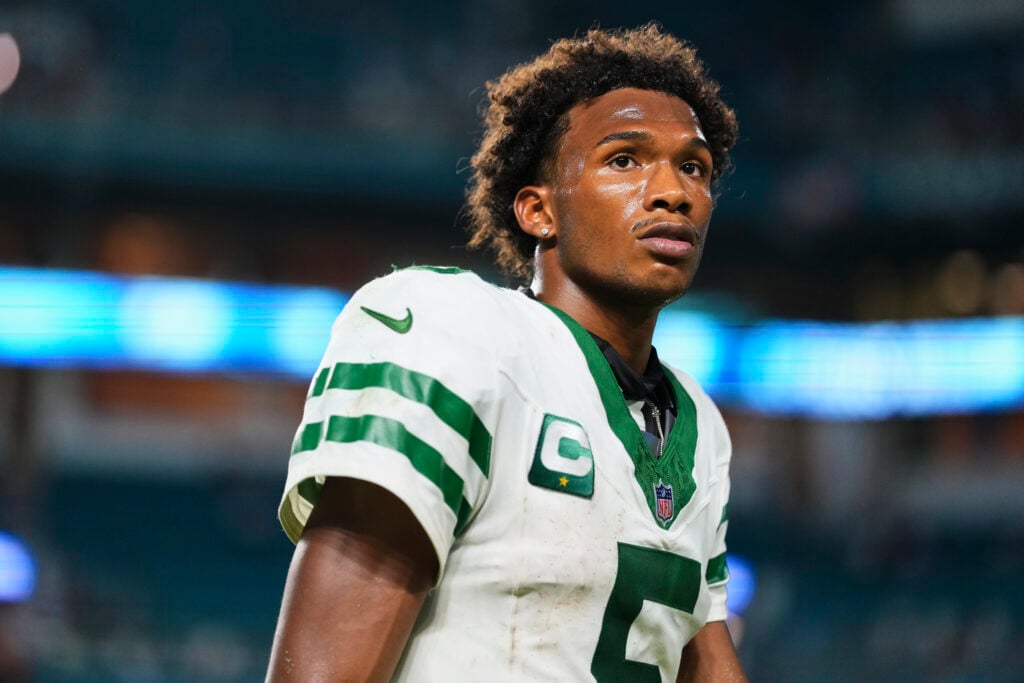 Garrett Wilson #5 of the New York Jets walks off the field against the Miami Dolphins during an NFL football game at Hard Rock Stadium on September 29, 2025 in Miami Gardens, Florida.