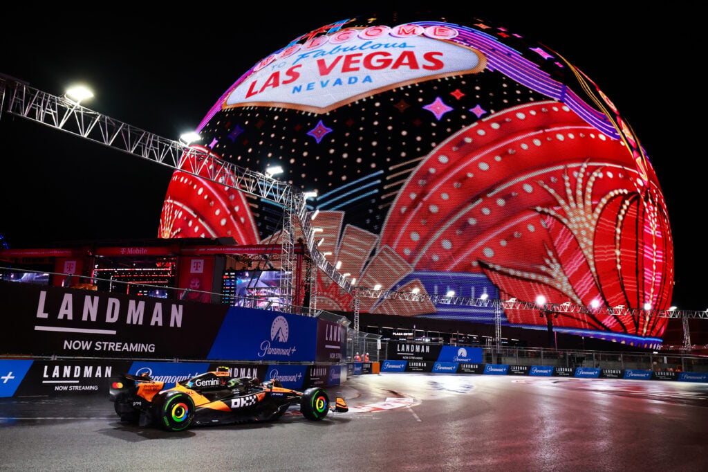 F1 Lando Norris of Great Britain driving the (4) McLaren MCL39 Mercedes on track during qualifying ahead of the F1 Grand Prix of Las Vegas at Las Vegas Strip Circuit on November 21, 2025 in Las Vegas, Nevada.