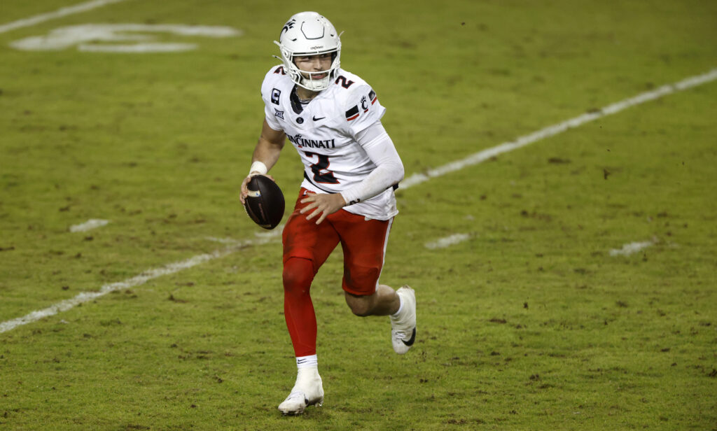 Brendan Sorsby #2 of the Cincinnati Bearcats scrambles during the second half against the TCU Horned Frogs at Amon G. Carter Stadium on November 29, 2025 in Fort Worth, Texas.