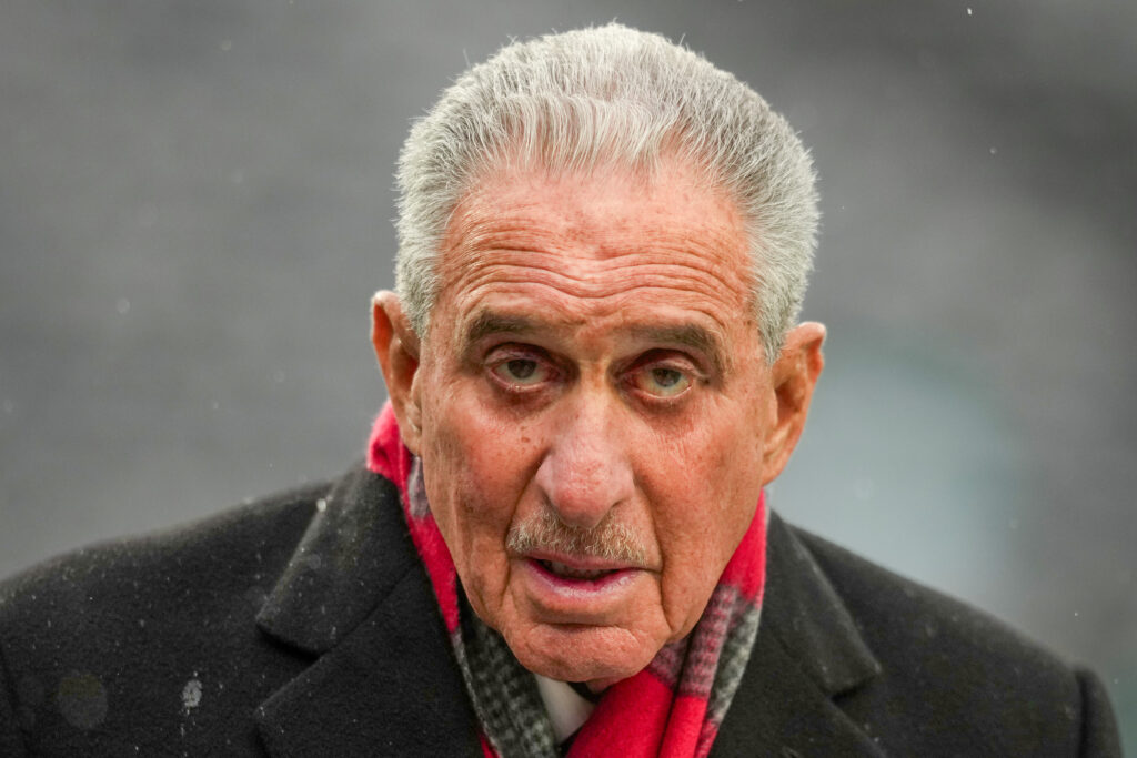 Owner Arthur Blank of the Atlanta Falcons looks on during warmups before the game between the New York Jets and the Atlanta Falcons at MetLife Stadium.