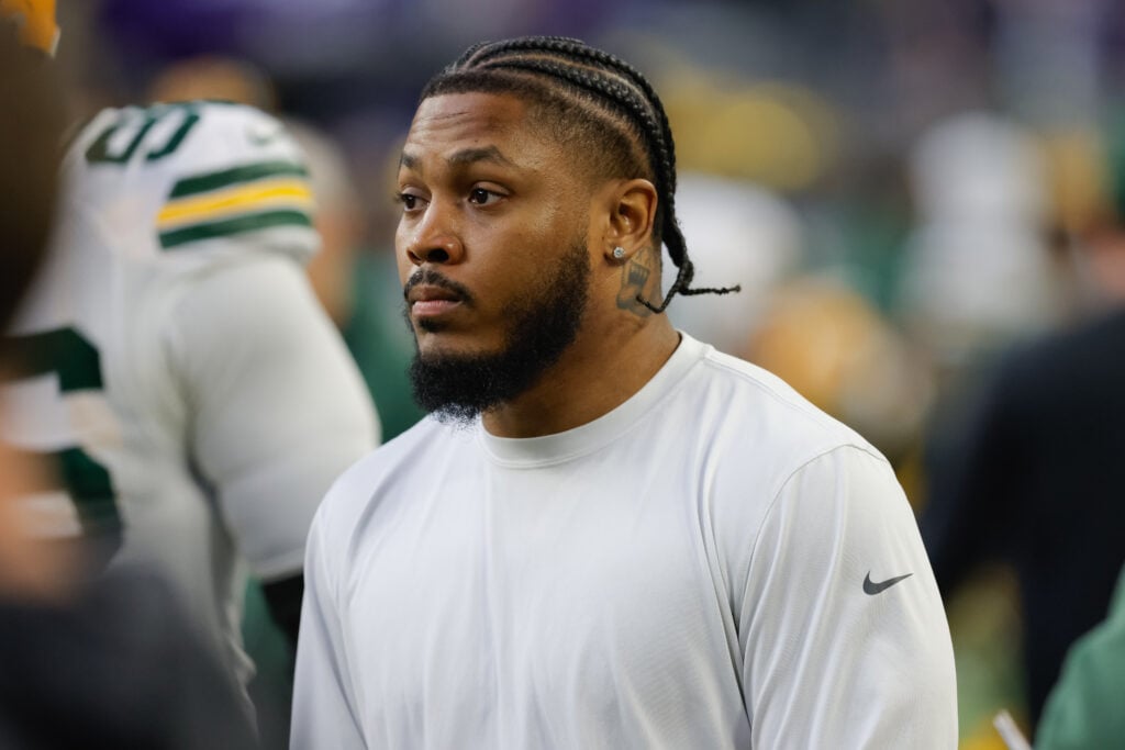 Green Bay Packers running back Josh Jacobs (8) looks on before the NFL game between the Green Bay Packers and Minnesota Vikings on January 4th, 2026, at U.S. Bank Stadium.