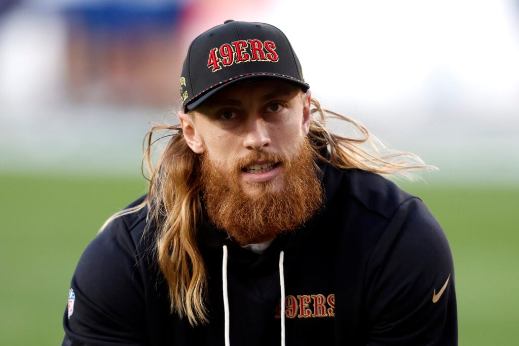 George Kittle #85 of the San Francisco 49ers warms up prior to a game against the Seattle Seahawks at Levi's Stadium.