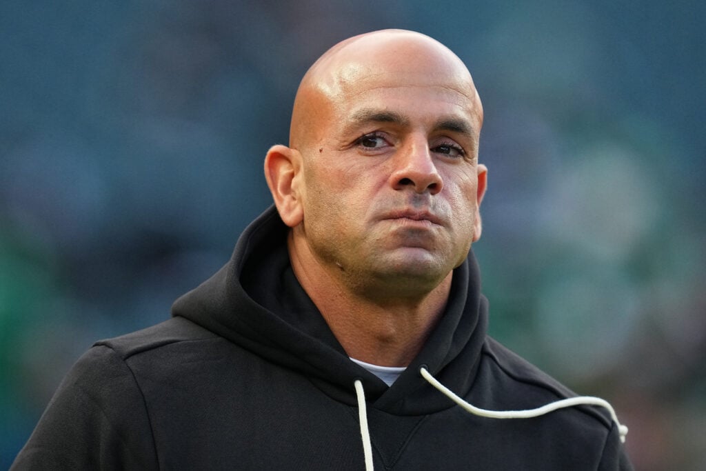 Defensive coordinator Robert Saleh of the San Francisco 49ers looks on before the NFC Wild Card Playoff game against the Philadelphia Eagles at Lincoln Financial Field.