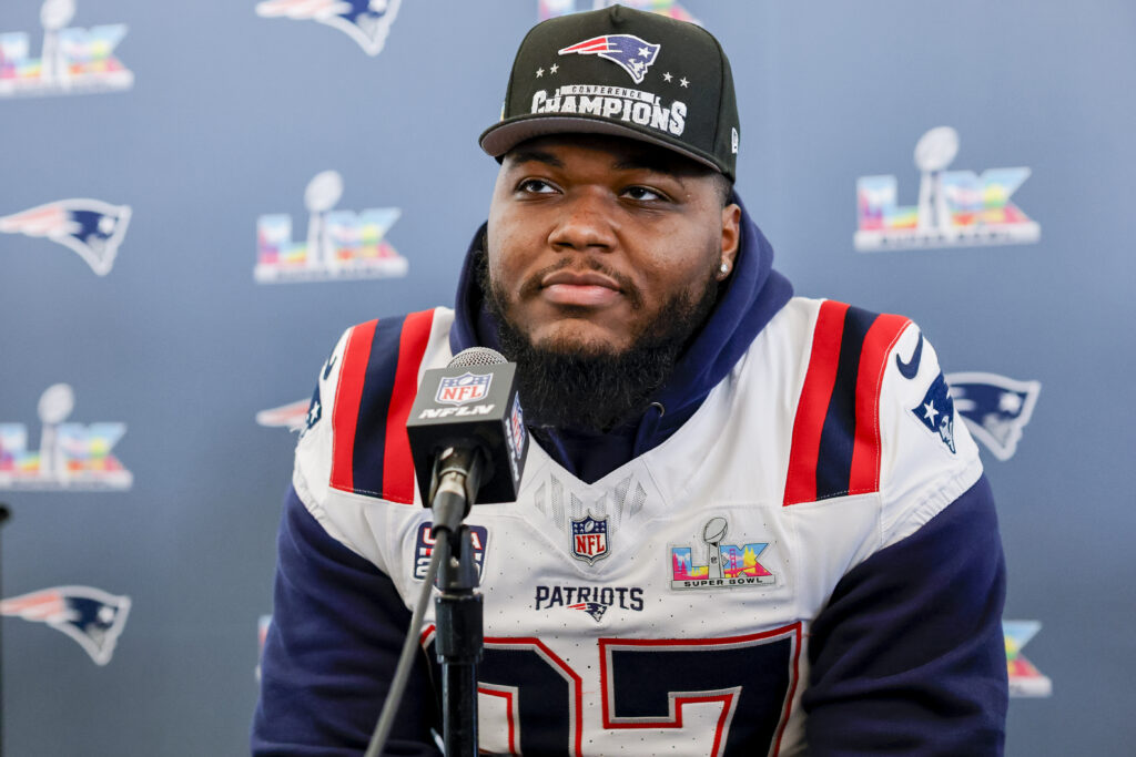 DT Milton Williams (97) of the New England Patriots answers questions during the Thursday press conference on Thursday, February 5th at the Santa Clara Marriott.