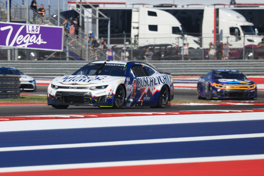 Ross Chastain ( #1 Trackhouse Racing Busch Light Chevrolet) and Shane Van Gisbergen (#97 Trackhouse Racing Safety Culture Chevrolet) make a turn on turn 16 during the NASCAR Cup Series DuraMAX Texas Grand Prix on March 01, 2026 at the Circuit of the Americas in Austin, TX.