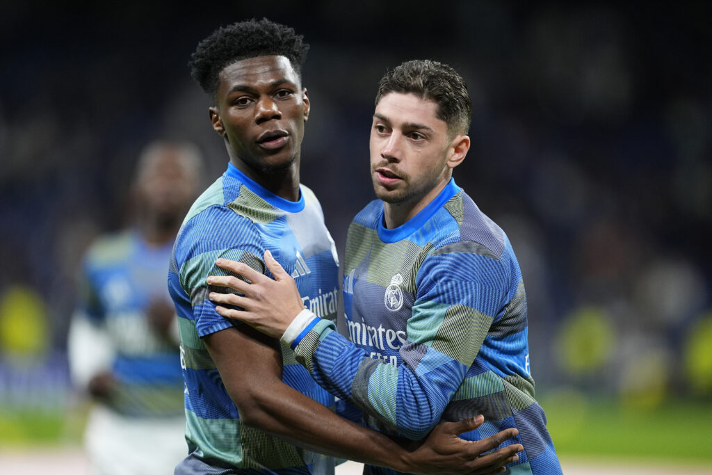 Aurelien Tchouameni and Federico Valverde of Real Madrid CF warms up during the Spanish League, LaLiga EA Sports, football match played between Real Madrid and Elche CF at Bernabeu stadium.
