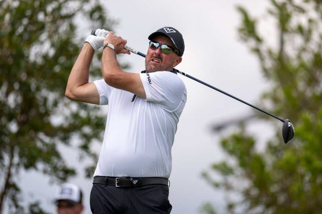 Phil Mickelson hits a tee shot during the second round of LIV Golf South Africa