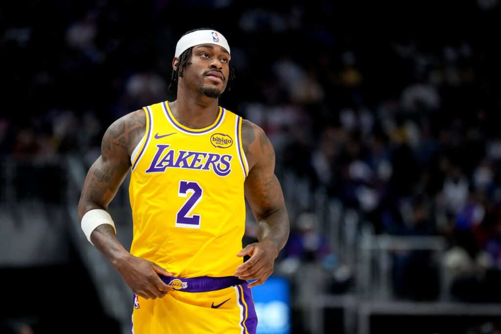 Jarred Vanderbilt #2 of the Los Angeles Lakers looks on against the Detroit Pistons at Little Caesars Arena.