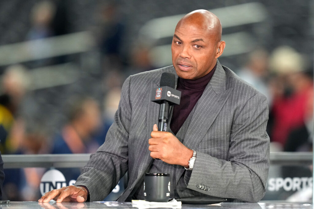 TNT college basketball analyst Charles Barkley on air before the National Championship of the 2026 NCAA Men's Basketball Tournament between the Michigan Wolverines and the Connecticut Huskies at Lucas Oil Stadium.