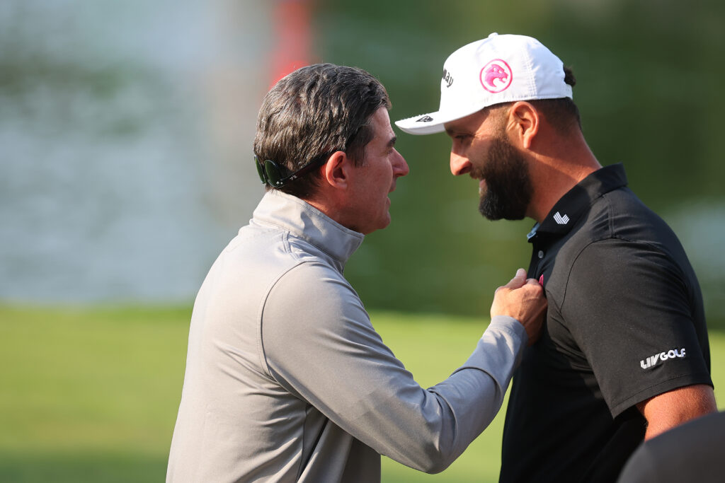 Scott O'Neil congratulates Jon Rahm after his victory at LIV Golf Mexico City
