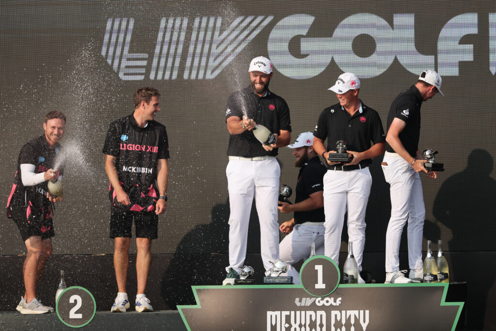 Jon Rahm celebrates his team's victory at LIV Golf Mexico City
