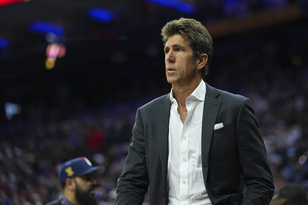 Bob Myers looks on during game three of the Eastern Conference first round playoffs between the Boston Celtics and Philadelphia 76ers at Xfinity Mobile Arena.