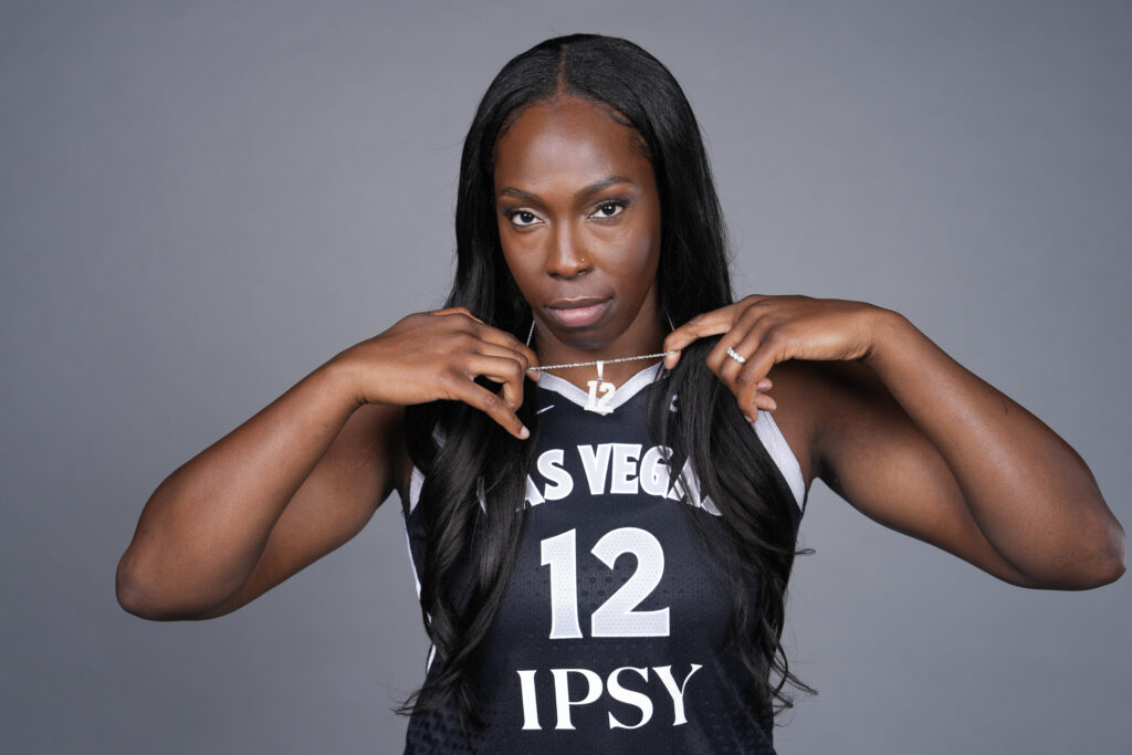 Chelsea Gray #12 of the Las Vegas Aces poses for a portrait during the team's media day at LMG Studio.