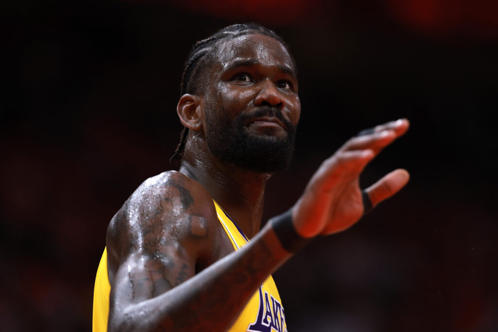 Deandre Ayton #5 of the Los Angeles Lakers reacts during the second quarter against the Houston Rockets in Game Six of the First Round of the NBA Western Conference Playoffs at Toyota Center.