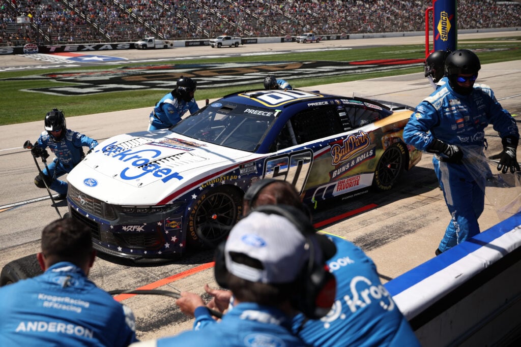 Ryan Preece, driver of the #60 Kroger/Ball Park Buns Ford, pits during the NASCAR Cup Series Würth 400 presented by LIQUI MOLY at Texas Motor Speedway on May 03, 2026 in Fort Worth, Texas.