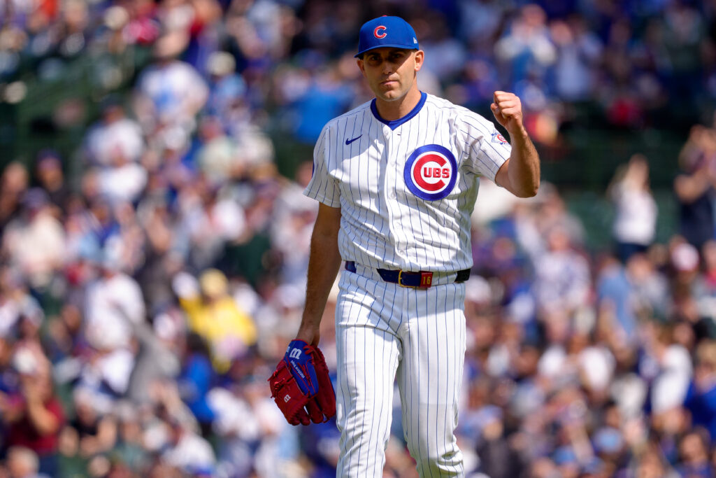 Matthew Boyd #16 of the Chicago Cubs reacts in a game against the Arizona Diamondbacks at Wrigley Field.