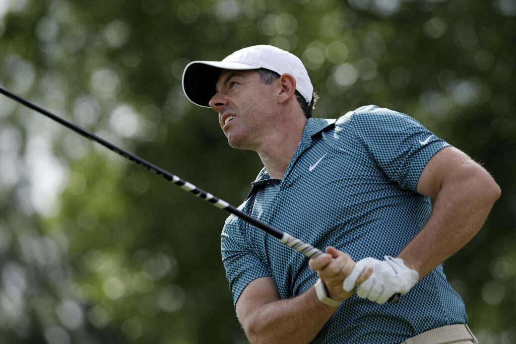 Rory McIlroy watches his tee shot during the third round of the Truist Championship