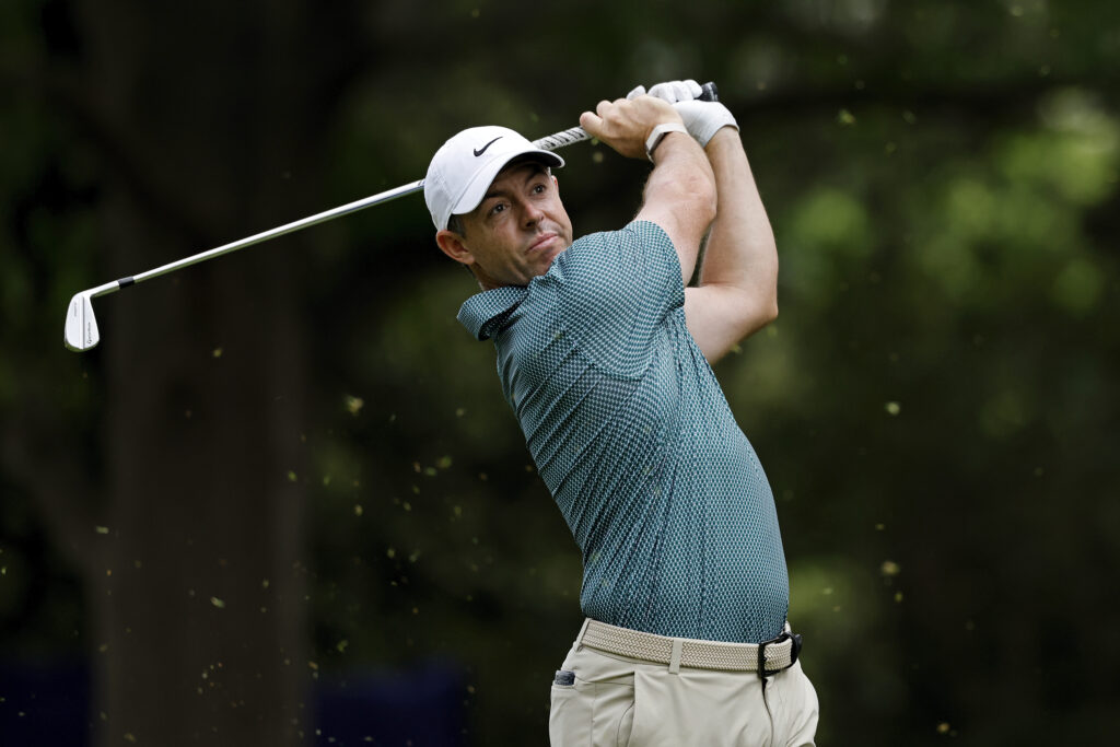 Rory McIlroy hits a tee shot during the third round of the Truist Championship