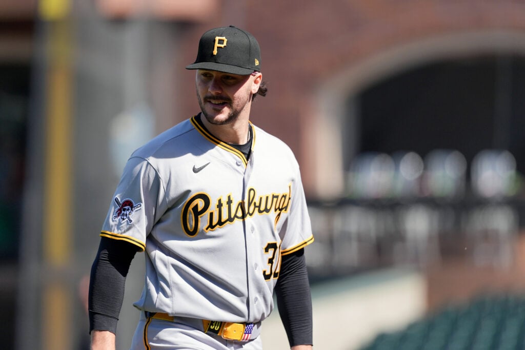 Paul Skenes #30 of the Pittsburgh Pirates looks on prior to the game between the Pittsburgh Pirates and the San Francisco Giants at Oracle Park.
