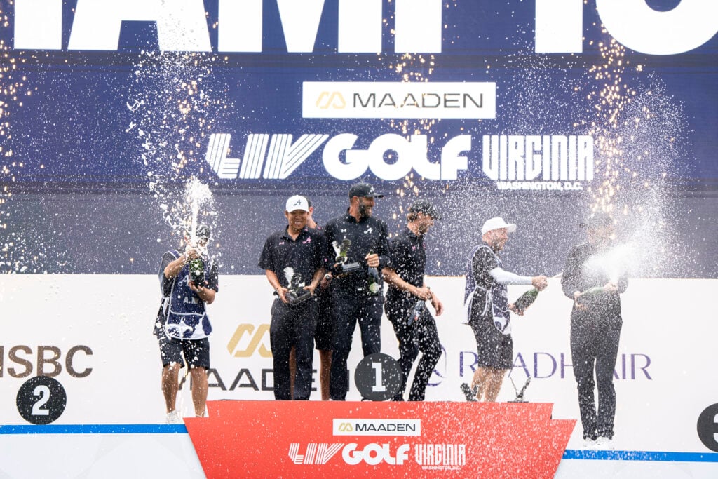The 4Aces celebrate their team victory at LIV Golf Virginia