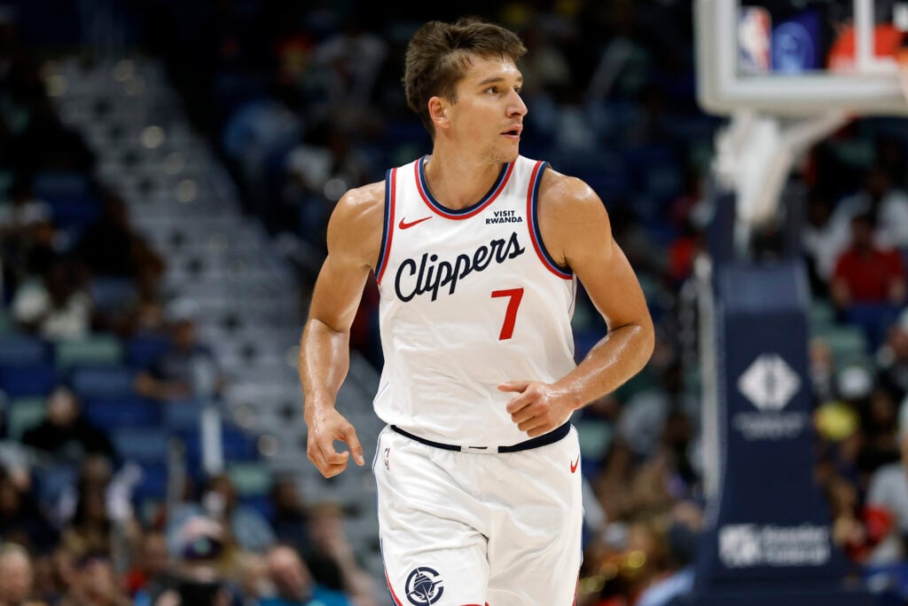 Bogdan Bogdanovic #7 of the Los Angeles Clippers walks backcourt during the second half of a game between the Los Angeles Clippers and the New Orleans Pelicans at Smoothie King Center.