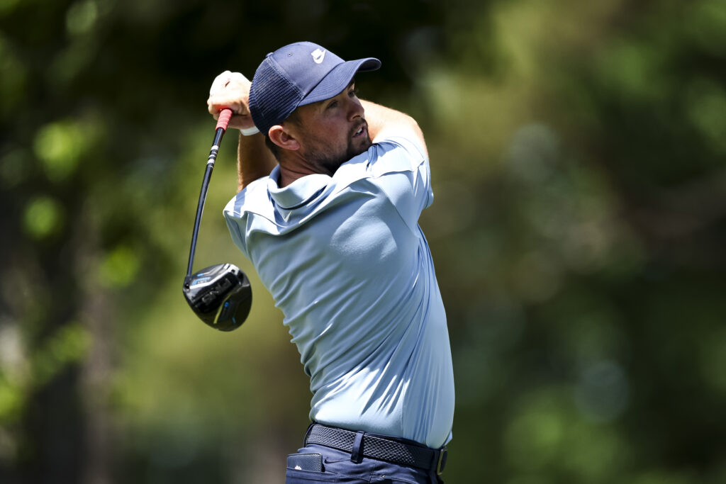 Alex Fitzpatrick of England hits a tee shot on the seventh hole during the second round of the Truist Championship 2026 at Quail Hollow Country Club