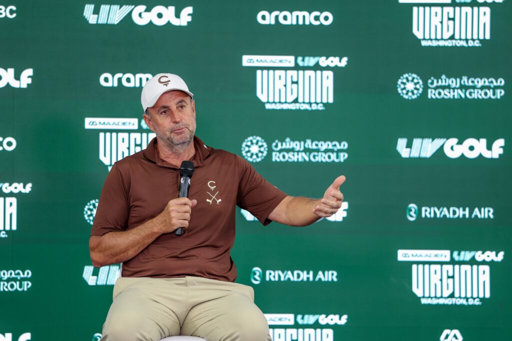 Richard Bland of Cleeks Golf Club speaks to the media after day two of LIV Golf Virginia