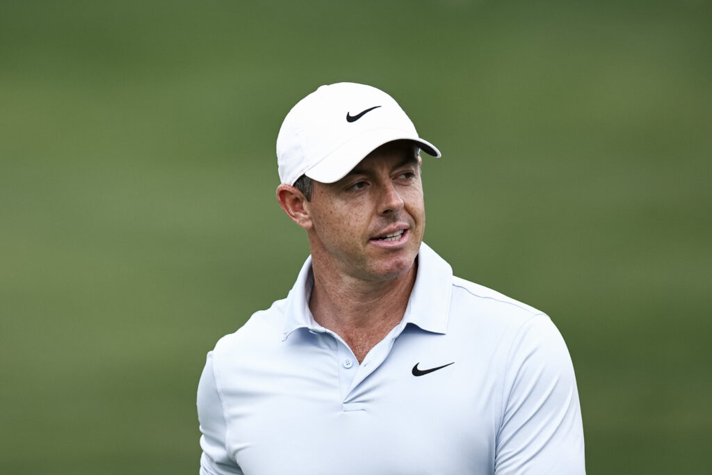 Rory McIlroy of Northern Ireland looks on while playing the 18th hole during the second round of the Truist Championship 2026 at Quail Hollow Country Club