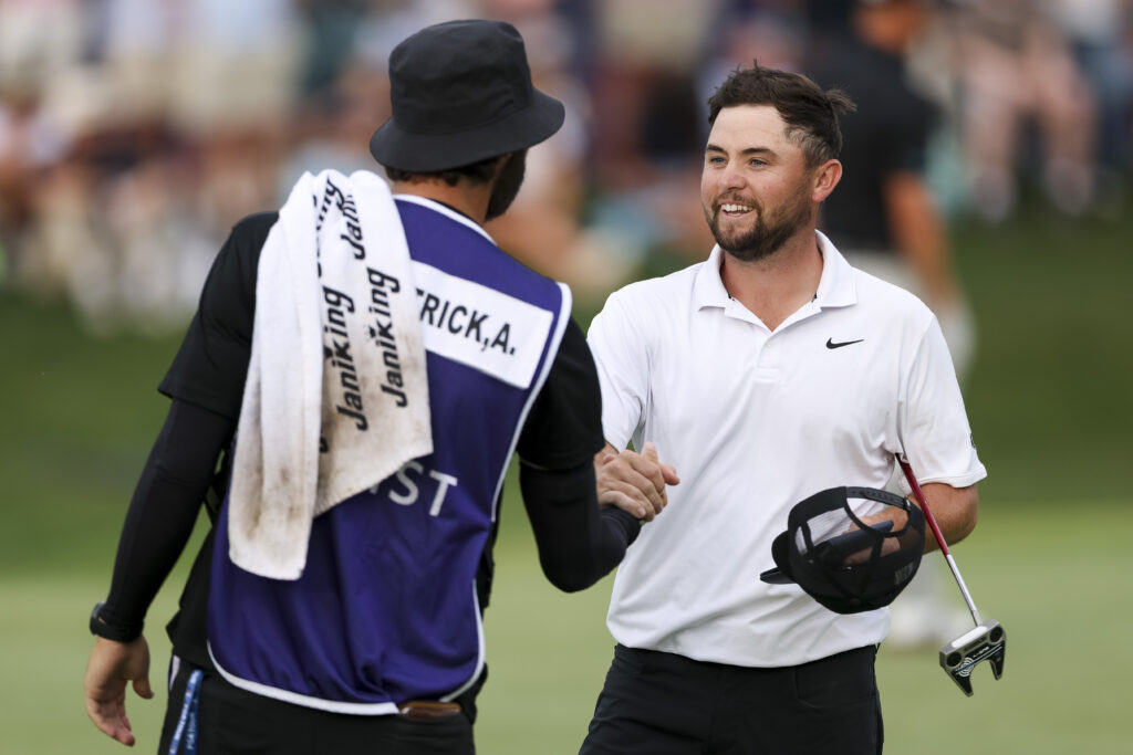 Alex Fitzpatrick reacts after finishing his third round at the Truist Championship