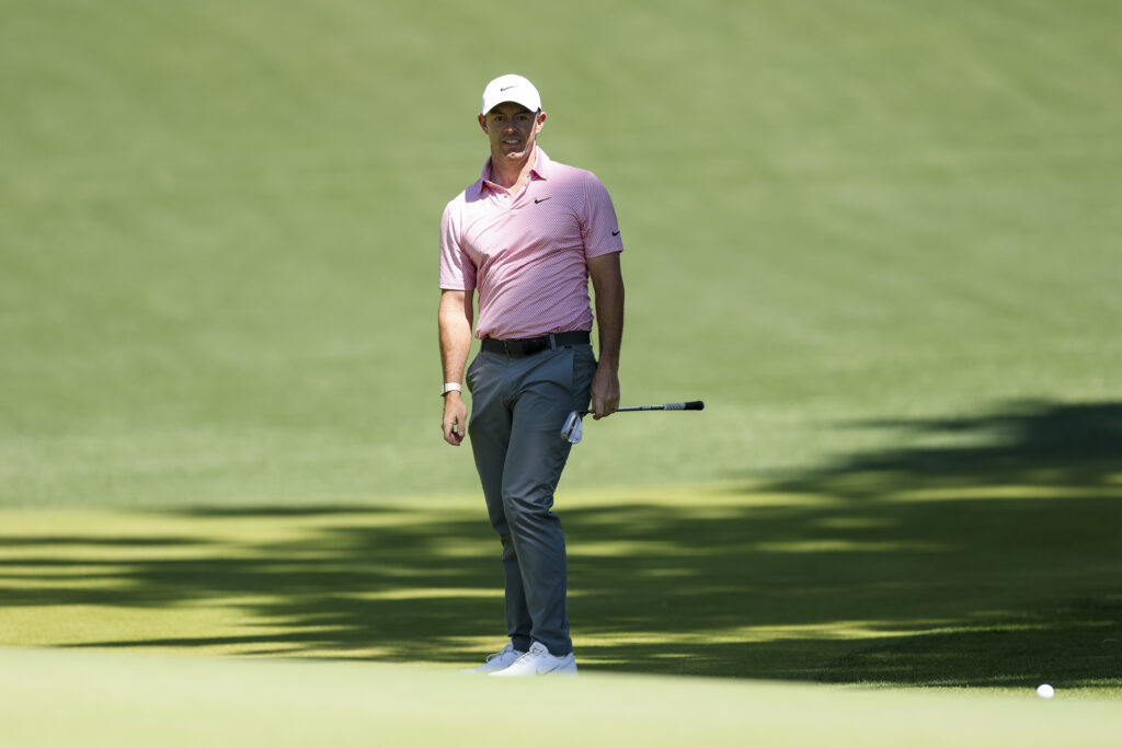 Rory McIlroy reacts to his chip shot during the final round of the Truist Championship