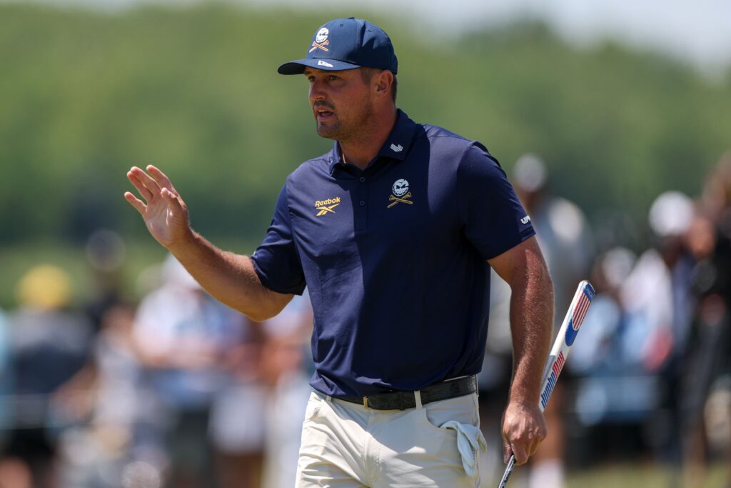 Bryson DeChambeau acknowledges the crowd during the final round of LIV Golf Virginia