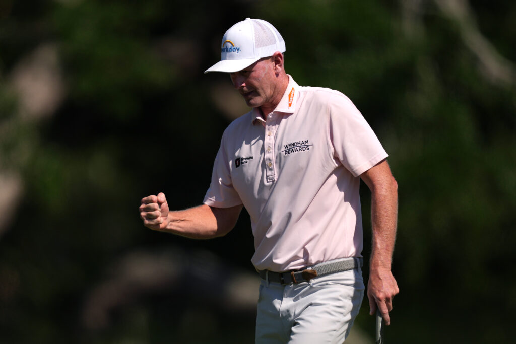 Brandt Snedeker celebrates holing a putt during the final round of the Myrtle Beach Classic