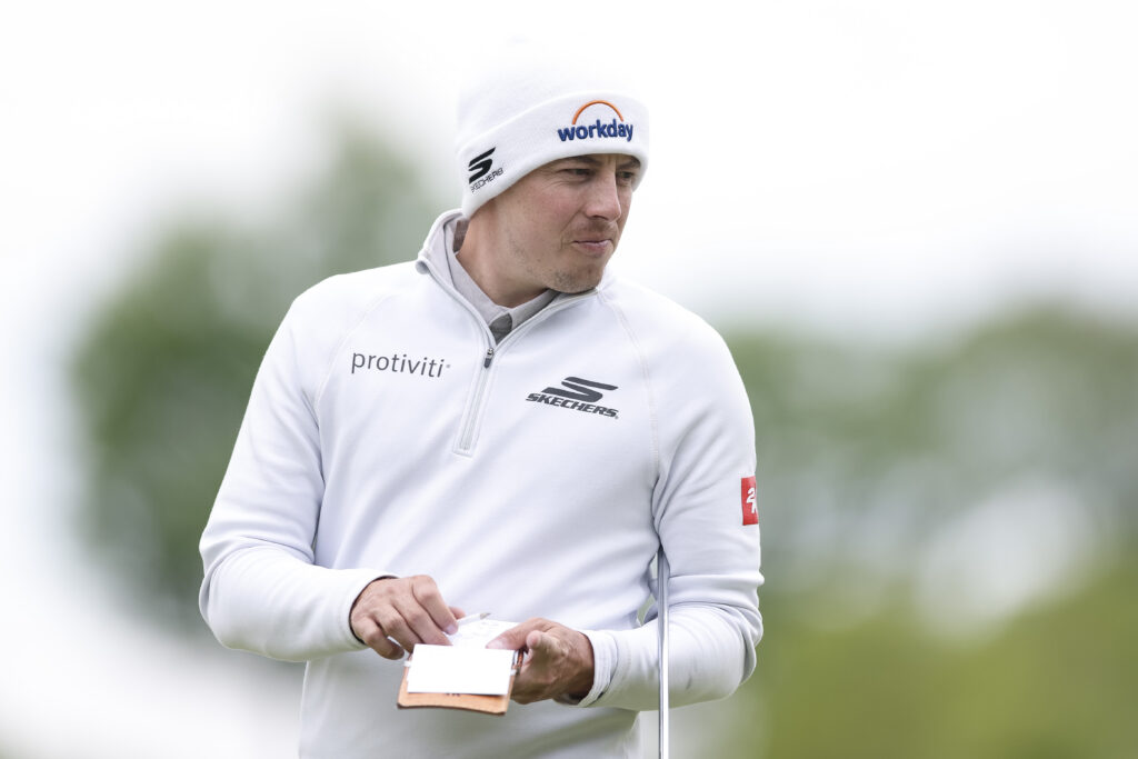Matthew Fitzpatrick of England looks on from the third green during a practice round prior to the PGA Championship at Aronimink Golf Club