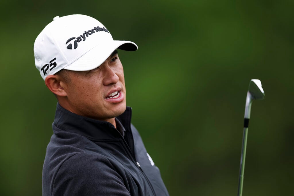 Collin Morikawa in action during a practice round prior to the PGA Championship at Aronimink
