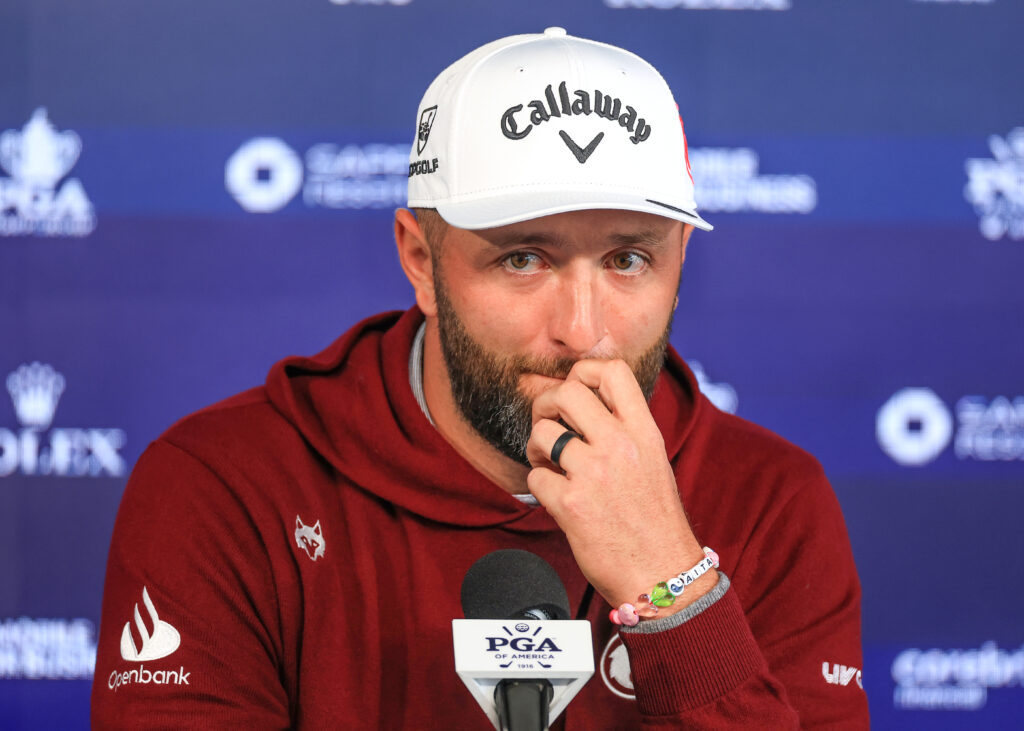 Jon Rahm of Spain speaks to the media at his pre-tournament press conference before he played his practice round prior to the PGA Championship at Aronimink Golf Club