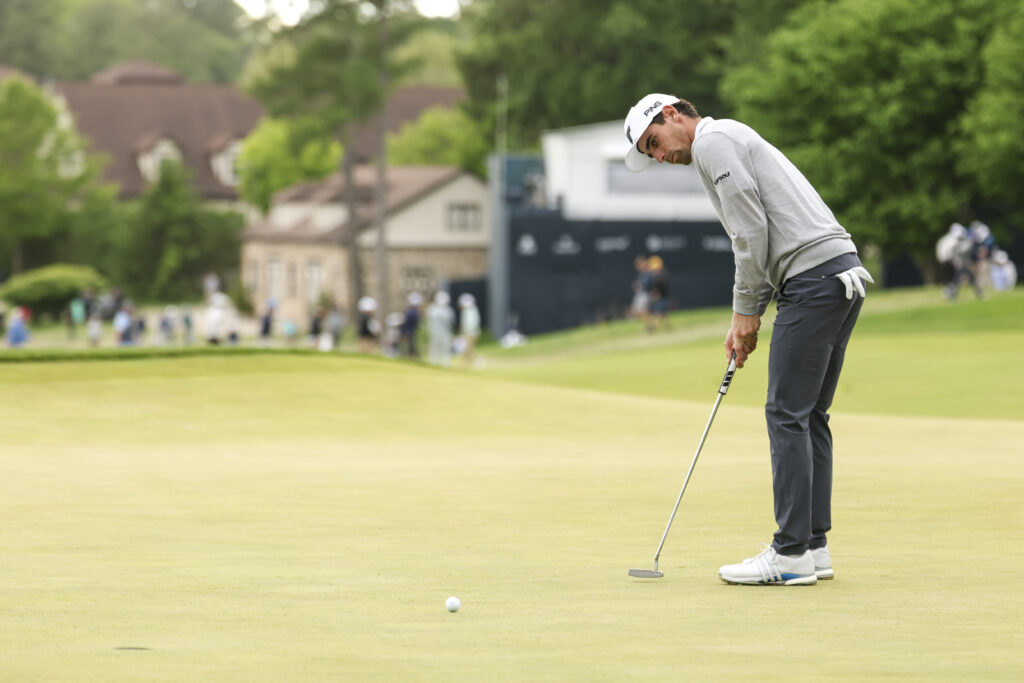 Joaquin Niemann putts during the second round of the PGA Championship